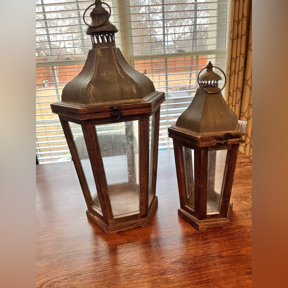 Pottery Barn Glass and Wooden Hurricane Set